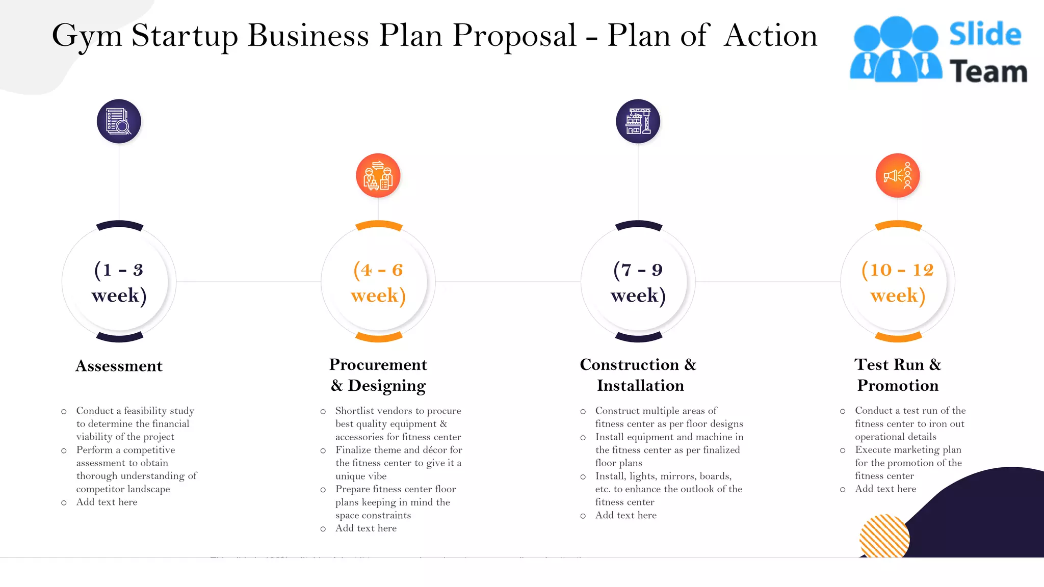 Gym Startup Business Plan Proposal - Plan of Action
7
(1 - 3
week)
o Conduct a feasibility study
to determine the financial
viability of the project
o Perform a competitive
assessment to obtain
thorough understanding of
competitor landscape
o Add text here
Assessment
(4 - 6
week)
o Shortlist vendors to procure
best quality equipment &
accessories for fitness center
o Finalize theme and décor for
the fitness center to give it a
unique vibe
o Prepare fitness center floor
plans keeping in mind the
space constraints
o Add text here
Procurement
& Designing
(7 - 9
week)
o Construct multiple areas of
fitness center as per floor designs
o Install equipment and machine in
the fitness center as per finalized
floor plans
o Install, lights, mirrors, boards,
etc. to enhance the outlook of the
fitness center
o Add text here
Construction &
Installation
(10 - 12
week)
o Conduct a test run of the
fitness center to iron out
operational details
o Execute marketing plan
for the promotion of the
fitness center
o Add text here
Test Run &
Promotion
This slide is 100% editable. Adapt it to your needs and capture your audience's attention.
 