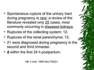 Spontaneous rupture of the urinary tract during pregnancy is  rare ; a review of the literature revealed only  25  cases, most commonly occurring in  diseased kidneys . Ruptures of the collecting system: 12.  Ruptures of the renal parenchyma: 13. 21 were diagnosed during pregnancy in the second and third trimester. 4  within the first 24 h postpartum.  <Br J Urol. 1995 Nov;76(5)> 