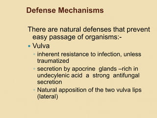 Defense Mechanisms
There are natural defenses that prevent
easy passage of organisms:-
 Vulva
◦ inherent resistance to infection, unless
traumatized
◦ secretion by apocrine glands –rich in
undecylenic acid a strong antifungal
secretion
◦ Natural apposition of the two vulva lips
(lateral)
 