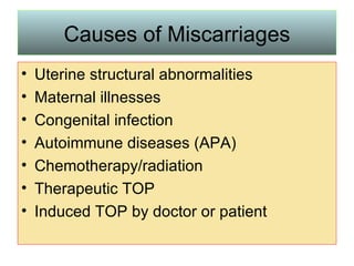 Causes of Miscarriages Uterine structural abnormalities Maternal illnesses Congenital infection Autoimmune diseases (APA) Chemotherapy/radiation Therapeutic TOP  Induced TOP by doctor or patient 
