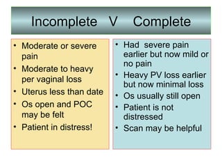 Incomplete  V  Complete Moderate or severe pain Moderate to heavy per vaginal loss Uterus less than date Os open and POC may be felt  Patient in distress! Had  severe pain earlier but now mild or no pain Heavy PV loss earlier but now minimal loss Os usually still open Patient is not distressed Scan may be helpful  