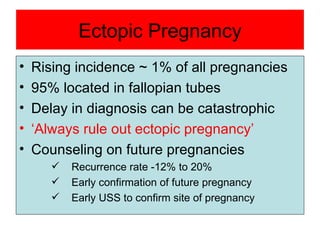 Ectopic Pregnancy  Rising incidence ~ 1% of all pregnancies 95% located in fallopian tubes Delay in diagnosis can be catastrophic ‘ Always rule out ectopic pregnancy’ Counseling on future pregnancies Recurrence rate -12% to 20%  Early confirmation of future pregnancy Early USS to confirm site of pregnancy 