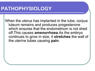 PATHOPHYSIOLOGY
When the uterus has implanted in the tube, corpus
luteum remains and produces progesterone
which ensures that the endometrium is not shed
off.This causes amenorrhoea.As the embryo
continues to grow in size, it stretches the wall of
the uterine tubes causing pain.
 