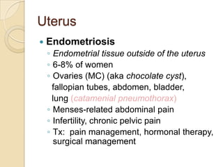 Uterus


Endometriosis
◦ Endometrial tissue outside of the uterus
◦ 6-8% of women
◦ Ovaries (MC) (aka chocolate cyst),
fallopian tubes, abdomen, bladder,
lung (catamenial pneumothorax)
◦ Menses-related abdominal pain
◦ Infertility, chronic pelvic pain
◦ Tx: pain management, hormonal therapy,
surgical management

 