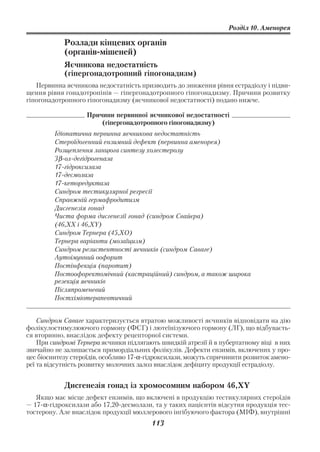 Розділ 10. Аменорея

            Розлади кінцевих органів
            (органів мішеней)
            Яєчникова недостатність
            (гіпергонадотропний гіпогонадизм)
   Первинна яєчникова недостатність призводить до зниження рівня естрадіолу і підви
щення рівня гонадотропінів — гіпергонадотропного гіпогонадизму. Причини розвитку
гіпогонадотропного гіпогонадизму (яєчникової недостатності) подано нижче.

                   Причини первинної яєчникової недостатності
                       (гіпергонадотропного гіпогонадизму)
         Ідіопатична первинна яєчникова недостатність
         Стероїдогенний ензимний дефект (первинна аменорея)
         Розщеплення ланцюга синтезу холестеролу
         3β ол дегідрогеназа
         17 гідроксилаза
         17 десмолаза
         17 кеторедуктаза
         Синдром тестикулярної регресії
         Справжній гермафродитизм
         Дисгенезія гонад
         Чиста форма дисгенезії гонад (синдром Свайєра)
         (46,XX і 46,XY)
         Синдром Тернера (45,ХО)
         Тернера варіанти (мозаїцизм)
         Синдром резистентності яєчників (синдром Саваге)
         Аутоімунний оофорит
         Постінфекція (паротит)
         Постоофоректомічний (кастраційний) синдром, а також широка
         резекція яєчників
         Післяпроменевий
         Постхіміотерапевтичний


    Синдром Саваге характеризується втратою можливості яєчників відповідати на дію
фолікулостимулюючого гормону (ФСГ) і лютеїнізуючого гормону (ЛГ), що відбуваєть
ся вторинно, внаслідок дефекту рецепторної системи.
    При синдромі Тернера яєчники підлягають швидкій атрезії й в пубертатному віці в них
звичайно не залишається примордіальних фолікулів. Дефекти ензимів, включених у про
цес біосинтезу стероїдів, особливо 17 α гідроксилази, можуть спричинити розвиток амено
реї та відсутність розвитку молочних залоз внаслідок дефіциту продукції естрадіолу.


            Дисгенезія гонад із хромосомним набором 46,XY
   Якщо має місце дефект ензимів, що включені в продукцію тестикулярних стероїдів
— 17 α гідроксилази або 17,20 десмолази, та у таких пацієнтів відсутня продукція тес
тостерону. Але внаслідок продукції мюллерового інгібуючого фактора (МІФ), внутрішні
                                         113
 