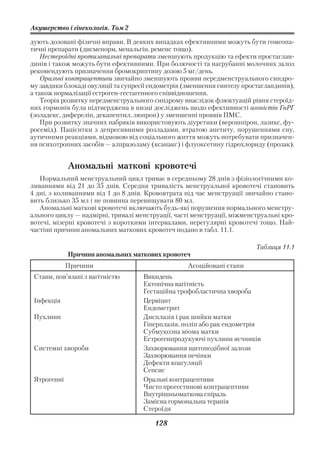 Акушерство і гінекологія. Том 2

дують дозовані фізичні вправи. В деяких випадках ефективними можуть бути гомеопа
тичні препарати (дисменорм, менальгін, ременс тощо).
    Нестероїдні протизапальні препарати зменшують продукцію та ефекти простаглан
динів і також можуть бути ефективними. При болючості та нагрубанні молочних залоз
рекомендують призначення бромокриптину дозою 5 мг/день.
    Оральні контрацептиви звичайно зменшують прояви передменструального синдро
му завдяки блокаді овуляції та супресії ендометрія (зменшення синтезу простагландинів),
а також нормалізації естроген гестагенного співвідношення.
    Теорія розвитку передменструального синдрому внаслідок флюктуацій рівня стероїд
них гормонів була підтверджена в низці досліджень щодо ефективності агоністів ГнРГ
(золадекс, диферелін, декапептил, люпрон) у зменшенні проявів ПМС.
    При розвитку значних набряків використовують діуретики (верошпірон, лазикс, фу
росемід). Пацієнтки з депресивними розладами, втратою апетиту, порушеннями сну,
аутичними реакціями, відмовою від соціального життя можуть потребувати призначен
ня психотропних засобів — алпразоламу (ксанакс) і флуоксетину гідрохлориду (прозак).


             Аномальні маткові кровотечі
   Нормальний менструальний цикл триває в середньому 28 днів з фізіологічними ко
ливаннями від 21 до 35 днів. Середня тривалість менструальної кровотечі становить
4 дні, з коливаннями від 1 до 8 днів. Крововтрата під час менструації звичайно стано
вить близько 35 мл і не повинна перевищувати 80 мл.
   Аномальні маткові кровотечі включають будь які порушення нормального менстру
ального циклу — надмірні, тривалі менструації, часті менструації, міжменструальні кро
вотечі, мізерні кровотечі з короткими інтервалами, нерегулярні кровотечі тощо. Най
частіші причини аномальних маткових кровотеч подано в табл. 11.1.

                                                                          Таблиця 11.1
             Причини аномальних маткових кровотеч
             Причини                               Асоційовані стани
 Стани, пов’язані з вагітністю       Викидень
                                     Ектопічна вагітність
                                     Гестаційна трофобластична хвороба
 Інфекція                            Цервіцит
                                     Ендометрит
 Пухлини                             Дисплазія і рак шийки матки
                                     Гіперплазія, поліп або рак ендометрія
                                     Субмукозна міома матки
                                     Естрогенпродукуючі пухлини яєчників
 Системні хвороби                    Захворювання щитоподібної залози
                                     Захворювання печінки
                                     Дефекти коагуляції
                                     Сепсис
 Ятрогенні                           Оральні контрацептиви
                                     Чисто прогестинові контрацептиви
                                     Внутрішньоматкова спіраль
                                     Замісна гормональна терапія
                                     Стероїди

                                         128
 