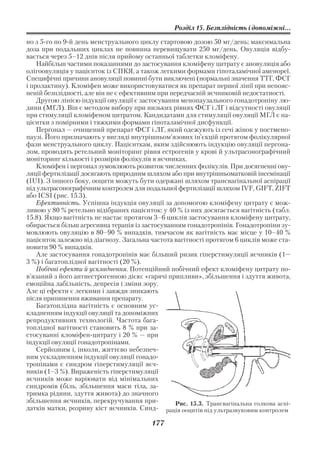 Розділ 15. Безплідність і допоміжні...

но з 5 го по 9 й день менструального циклу стартовою дозою 50 мг/день; максимальна
доза при подальших циклах не повинна перевищувати 250 мг/день. Овуляція відбу
вається через 5–12 днів після прийому останньої таблетки кломіфену.
    Найбільш частими показаннями до застосування кломіфену цитрату є ановуляція або
олігоовуляція у пацієнток із СПКЯ, а також легкими формами гіпоталамічної аменореї.
Специфічні причини ановуляції повинні бути виключені (нормальні значення ТТГ, ФСГ
і пролактину). Кломіфен може використовуватися як препарат першої лінії при непояс
неній безплідності, але він не є ефективним при передчасній яєчниковій недостатності.
    Другою лінією індукції овуляції є застосування менопаузального гонадотропіну лю
дини (МГЛ). Він є методом вибору при низьких рівнях ФСГ і ЛГ і відсутності овуляції
при стимуляції кломіфеном цитратом. Кандидатами для стимуляції овуляції МГЛ є па
цієнтки з помірними і тяжкими формами гіпоталамічної дисфункції.
    Пергонал — очищений препарат ФСГ і ЛГ, який одежують із сечі жінок у постмено
паузі. Його призначають у вигляді внутрішньом’язових ін’єкцій протягом фолікулярної
фази менструального циклу. Пацієнткам, яким здійснюють індукцію овуляції пергона
лом, проводять ретельний моніторинг рівня естрогенів у крові й ультрасонографічний
моніторинг кількості і розмірів фолікулів в яєчниках.
    Кломіфен і пергонал зумовлюють розвиток численних фолікулів. При досягненні ову
ляції фертилізації досягають природним шляхом або при внутрішньоматковій інсемінації
(IUI). З іншого боку, ооцити можуть бути одержані шляхом трансвагінальної аспірації
під ультрасонографічним контролем для подальшої фертилізації шляхом IVF, GIFT, ZIFT
або ICSI (рис. 15.3).
    Ефективність. Успішна індукція овуляції за допомогою кломіфену цитрату є мож
ливою у 80 % ретельно відібраних пацієнток: у 40 % із них досягається вагітність (табл.
15.8). Якщо вагітність не настає протягом 3–6 циклів застосування кломіфену цитрату,
обирається більш агресивна терапія із застосуванням гонадотропінів. Гонадотропіни зу
мовлюють овуляцію в 80–90 % випадків, тимчасом як вагітність має місце у 10–40 %
пацієнток залежно від діагнозу. Загальна частота вагітності протягом 6 циклів може ста
новити 90 % випадків.
    Але застосування гонадотропінів має більший ризик гіперстимуляції яєчників (1–
3 %) і багатоплідної вагітності (20 %).
    Побічні ефекти й ускладнення. Потенційний побічний ефект кломіфену цитрату по
в’язаний з його антиестрогенною дією: «гарячі припливи», збільшення і здуття живота,
емоційна лабільність, депресія і зміни зору.
Але ці ефекти є легкими і завжди зникають
після припинення вживання препарату.
    Багатоплідна вагітність є основним ус
кладненням індукції овуляції та допоміжних
репродуктивних технологій. Частота бага
топлідної вагітності становить 8 % при за
стосуванні кломіфен цитрату і 20 % — при
індукції овуляції гонадотропінами.
    Серйозним і, інколи, життєво небезпеч
ним ускладненням індукції овуляції гонадо
тропінами є синдром гіперстимуляції яєч
ників (1–3 %). Вираженість гіперстимуляції
яєчників може варіювати від мінімальних
синдромів (біль, збільшення маси тіла, за
тримка рідини, здуття живота) до значного
збільшення яєчників, перекручування при           Рис. 15.3. Трансвагінальна голкова аспі
датків матки, розриву кіст яєчників. Синд      рація ооцитів під ультразвуковим контролем

                                          177
 