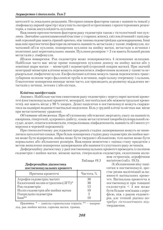 Акушерство і гінекологія. Том 2

цитології та локальних рецидивів. Несприятливим фактором також є наявність інвазії у
лімфоваскулярний простір і відсутність експресії естрогенових і прогестеронових рецеп
торів, а також анеуплоїдність пухлини.
   Важливим прогностичним фактором раку ендометрія також є гістологічний тип пух
лини. Звичайно аденосквамозний (частіше у старших жінок), світлоклітинний і папіляр
ний серозний рак мають гірший прогноз, ніж типова ендометріоїдна аденокарцинома. Інші
важливі прогностичні фактори включають наявність метастазів у тазові лімфовузли, по
чатковий об’єм пухлини, поширення пухлини на шийку матки, метастази в яєчники і
позитивні дані перитонеальних змивів. Пухлини розміром > 2 см мають більший ризик
метастазів у лімфовузли.
   Шляхи поширення. Рак ендометрія може поширюватись 4 основними шляхами.
Найбільш часто має місце пряме поширення пухлини донизу на шийку матки або у
зовнішні шари матки — міометрій і периметрій (серозний покрив матки). При значній
пенетрації міометрія клітини можуть переноситися лімфогенним шляхом у тазові та пе
ріаортальні лімфатичні вузли. Ексфоліативні клітини можуть також переноситись транс
тубарним шляхом через фаллопієві труби в яєчники, парієтальну очеревину і сальник.
Гематогенне поширення виникає менш часто, але призводить до розвитку віддалених ме
тастазів у печінці, легенях і/або кістках.

   Клінічна маніфестація
   Анамнез. Найбільш частим симптомом раку ендометрія є нерегулярні маткові крово
течі (постменопаузальні кровотечі, менорагії, посткоїтальні або міжменструальні крово
течі), які мають місце у 90 % хворих. Деякі пацієнтки в постменопаузі можуть скаржи
тися на надмірні водянисті вагінальні виділення. Біль у грудній клітці та кістках має місце
при метастатичному ураженні.
   Об’єктивне обстеження. При об’єктивному обстеженні звертають увагу на наявність
ожиріння, гіпертензії, цукрового діабету, ознак метастатичної хвороби (плевральний ек
судат, асцит, гепатоспленомегалія, генералізована лімфаденопатія, наявність об’ємного ут
ворення в черевній порожнині).
   При гінекологічному дослідженні при ранніх стадіях захворювання можуть не вияв
лятися патологічні ознаки. При більш поширених стадіях раку ендометрія зів шийки мат
ки може бути відкритим, шийка може бути твердою і збільшеною, тіло матки може бути
нормальних або збільшених розмірів. Важливим моментом є оцінка стану придатків з
метою виявлення поширення захворювання або наявності супутнього раку яєчників.
   Диференційну діагностику у разі постменопаузальних кровотеч проводять із поліпом
ендометрія і шийки матки, міомою матки, гіперплазією ендометрія, екзогенним впли
                                                             вом естрогенів, атрофічним
                                             Таблиця 19.3    вагінітом (табл. 19.3).
       Диференційна діагностика                                 Зі збільшенням віку паці
       постменопаузальних кровотеч                           єнтки в постменопаузі, зро
                                                             стає ризик малігнізації за на
          Причина кровотечі                  Частота, %
                                                             явності вагінальних крово
 Атрофія ендометрія/вагініт                      30          теч. Вагінальна кровотеча в
 Екзогенний вплив естрогенів (ЗГТ)*              30          постменопаузі при товщині
 Рак ендометрія                                  15          ендометрія < 4 мм може
 Поліп ендометрія або шийки матки                10          бути більше пов’язана з атро
 Гіперплазія ендометрія                           5          фією, ніж з раком ендомет
 Інші**                                          10          рія, але точний діагноз по
   Примітка. * — замісна гормональна терапія; ** — наприк    требує гістологічного під
лад, рак шийки матки, саркома матки, травма.                 твердження.

                                          208
 