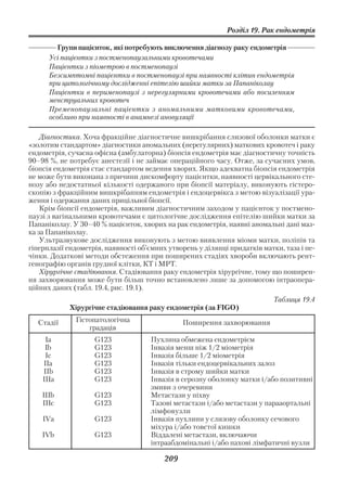 Розділ 19. Рак ендометрія

        Групи пацієнток, які потребують виключення діагнозу раку ендометрія
      Усі пацієнтки з постменопаузальними кровотечами
      Пацієнтки з піометрою в постменопаузі
      Безсимптомні пацієнтки в постменопаузі при наявності клітин ендометрія
      при цитологічному дослідженні епітелію шийки матки за Папаніколау
      Пацієнтки в перименопаузі з нерегулярними кровотечами або посиленням
      менструальних кровотеч
      Пременопаузальні пацієнтки з аномальними матковими кровотечами,
      особливо при наявності в анамнезі ановуляції

    Діагностика. Хоча фракційне діагностичне вишкрібання слизової оболонки матки є
«золотим стандартом» діагностики аномальних (нерегулярних) маткових кровотеч і раку
ендометрія, сучасна офісна (амбулаторна) біопсія ендометрія має діагностичну точність
90–98 %, не потребує анестезії і не займає операційного часу. Отже, за сучасних умов,
біопсія ендометрія стає стандартом ведення хворих. Якщо адекватна біопсія ендометрія
не може бути виконана з причини дискомфорту пацієнтки, наявності цервікального сте
нозу або недостатньої кількості одержаного при біопсії матеріалу, виконують гістеро
скопію з фракційним вишкрібанням ендометрія і ендоцервікса з метою візуалізації ура
ження і одержання даних прицільної біопсії.
    Крім біопсії ендометрія, важливим діагностичним заходом у пацієнток у постмено
паузі з вагінальними кровотечами є цитологічне дослідження епітелію шийки матки за
Папаніколау. У 30–40 % пацієнток, хворих на рак ендометрія, наявні аномальні дані маз
ка за Папаніколау.
    Ультразвукове дослідження виконують з метою виявлення міоми матки, поліпів та
гіперплазії ендометрія, наявності об’ємних утворень у ділянці придатків матки, таза і пе
чінки. Додаткові методи обстеження при поширених стадіях хвороби включають рент
генографію органів грудної клітки, КТ і МРТ.
    Хірургічне стадіювання. Стадіювання раку ендометрія хірургічне, тому що поширен
ня захворювання може бути більш точно встановлено лише за допомогою інтраопера
ційних даних (табл. 19.4, рис. 19.1).
                                                                           Таблиця 19.4
            Хірургічне стадіювання раку ендометрія (за FIGO)

  Стадії      Гістопатологічна                 Поширення захворювання
                  градація
     Ia             G123             Пухлина обмежена ендометрієм
     Ib             G123             Інвазія менш ніж 1/2 міометрія
     Ic             G123             Інвазія більше 1/2 міометрія
    IIa             G123             Інвазія тільки ендоцервікальних залоз
    IIb             G123             Інвазія в строму шийки матки
    IIIa            G123             Інвазія в серозну оболонку матки і/або позитивні
                                     змиви з очеревини
    IIIb            G123             Метастази у піхву
    IIIc            G123             Тазові метастази і/або метастази у парааортальні
                                     лімфовузли
    IVa             G123             Інвазія пухлини у слизову оболонку сечового
                                     міхура і/або товстої кишки
    IVb             G123             Віддалені метастази, включаючи
                                     інтраабдомінальні і/або пахові лімфатичні вузли

                                         209
 