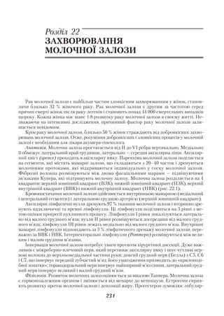Розділ 22
            ЗАХВОРЮВАННЯ
            МОЛОЧНОЇ ЗАЛОЗИ




    Рак молочної залози є найбільш частим злоякісним захворюванням у жінок, станов
лячи близько 32 % жіночого раку. Рак молочної залози є другим за частотою серед
причин смерті жінок після раку легенів і становить понад 44 000 смертельних випадків
щороку. Кожна жінка має шанс 1:8 розвитку раку молочної залози в своєму житті. Не
зважаючи на інтенсивні дослідження, причинний фактор раку молочної залози зали
шається невідомим.
    Крім раку молочної залози, близько 50 % жінок страждають від доброякісних захво
рювань молочної залози. Отже, розуміння доброякісних і злоякісних процесів у молочній
залозі є необхідним для лікаря акушера гінеколога.
    Анатомія. Молочна залоза простягається від ІІ до VI ребра вертикально. Медіально
її обмежує латеральний край груднини, латерально — середня аксилярна лінія. Аксиляр
ний хвіст (spence) проходить в аксилярну ямку. Паренхіма молочної залози поділяється
на сегменти, які містять мамарні залози, що складаються з 20–40 часток і дренуються
молочними протоками, які відкриваються індивідуально у соску молочної залози.
Фіброзні волокна розміщуються між двома фасціальними шарами — підвішуючими
зв’язками Купера, які підтримують молочну залозу. Молочна залоза розділяється на 4
квадранти: верхній зовнішній квадрант (ВЗК), нижній зовнішній квадрант (НЗК), верхній
внутрішній квадрант (ВВК) і нижній внутрішній квадрант (НВК) (рис. 22.1).
    Кровопостачання молочної залози здійснюється внутрішньою мамарною (медіальний
і центральний сегменти) і латеральною грудною артерією (верхній зовнішній квадрант).
    Аксилярні лімфатичні вузли дренують 97 % тканини молочної залози і вторинно дре
нують надключичні та яремні лімфовузли. Ці лімфовузли поділяються на 3 рівні з ме
тою оцінки прогресії пухлинного процесу. Лімфовузли І рівня локалізуються латераль
но від малого грудного м’яза; вузли ІІ рівня розміщуються досередини від малого груд
ного м’яза; лімфовузли ІІІ рівня лежать медіально від малого грудного м’яза. Внутрішні
мамарні лімфовузли відповідають за 3 % лімфатичного дренажу молочної залози, пере
важно за ВВК і НВК. Інтерпекторальні лімфовузли (Роттера) розміщуються між вели
ким і малим грудним м’язами.
    Іннервація молочної залози потребує уваги протягом хірургічної дисекції. Дуже важ
ливим є міжреберно плечовий нерв, який перетинає аксилярну ямку і несе чутливі нер
вові волокна до верхньомедіальної частини руки; довгий грудний нерв (Белла) з С5, С6
і С7, що іннервує передній зубчастий м’яз; його ушкодження призводить до «крилоподі
бної лопатки»; торакодорзальний нерв іннервує найширший м’яз спини, латеральний груд
ний нерв іннервує великий і малий грудний м’язи.
    Фізіологія. Розвиток молочних залоз оцінюється за шкалою Таннера. Молочна залоза
є гормонозалежним органом і змінюється від менархе до менопаузи. Естрогени сприя
ють розвитку проток молочної залози і депозиції жиру. Прогестерон зумовлює лобуляр

                                        231
 