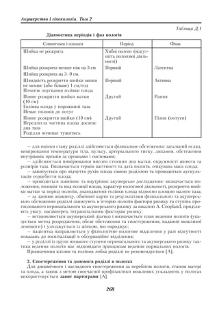 Акушерство і гінекологія. Том 2

                                                                          Таблиця Д.1
           Діагностика періодів і фаз пологів
          Симптоми і ознаки                   Період                   Фаза
 Шийка не розкрита                     Хибні пологи (відсут
                                       ність пологової діяль
                                       ності)
 Шийка розкрита менше ніж на 3 см      Перший                  Латентна
 Шийка розкрита на 3–9 см.
 Швидкість розкриття шийки матки       Перший                  Активна
 не менше (або більше) 1 см/год
 Початок опускання голівки плода
 Повне розкриття шийки матки           Другий                  Рання
 (10 см)
 Голівка плода у порожнині таза
 Немає позивів до потуг
 Повне розкриття шийки (10 см)         Другий                  Пізня (потуги)
 Передлегла частина плода досягає
 дна таза
 Роділля починає тужитись

   — для оцінки стану роділлі здійснюється фізикальне обстеження: загальний огляд,
вимірювання температури тіла, пульсу, артеріального тиску, дихання, обстеження
внутрішніх органів за органами і системами;
   — здійснюється вимірювання висоти стояння дна матки, окружності живота та
розмірів таза. Визначається термін вагітності та дата пологів, очікувана маса плода;
   — запитується про відчуття рухів плода самою роділлею та проводиться аускуль
тація серцебиття плода;
   — проводиться зовнішнє та внутрішнє акушерське дослідження: визначається по
ложення, позиція та вид позиції плода, характер пологової діяльності, розкриття ший
ки матки та період пологів, знаходження голівки плода відносно площин малого таза;
   — за даними анамнезу, обмінної карти та результатами фізикального та акушерсь
кого обстеження роділлі записують в історію пологів фактори ризику та ступінь про
гнозованого перинатального та акушерського ризику за шкалою A. Coopland, приділя
ють увагу, насамперед, інтранатальним факторам ризику;
   — встановлюється акушерський діагноз і визначається план ведення пологів (ука
зується метод розродження, обсяг обстеження та спостереження, надання можливої
допомоги) і узгоджується із жінкою, що народжує;
   — пацієнтка направляється у фізіологічне пологове відділення у разі відсутності
показань до госпіталізації в обсерваційне відділення;
   — у роділлі із групи низького ступеня перинатального та акушерського ризику так
тика ведення пологів має відповідати принципам ведення нормальних пологів.
   Призначення клізми та гоління лобка роділлі не рекомендується [А].

   2. Спостереження та допомога роділлі в пологах
   Для динамічного і наглядного спостереження за перебігом пологів, станом матері
та плода, а також з метою своєчасної профілактики можливих ускладнень у пологах
використовується запис партограми [А].

                                       268
 
