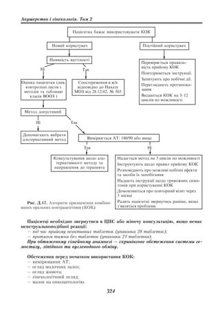 Акушерство і гінекологія. Том 2

                            Пацієнтка бажає використовувати КОК


                  Новий користувач                             Постійний користувач


                 Наявність вагітності
                                                              Перевіряється правиль-
            Ні                                                ність прийому КОК
                                 Так
                                                              Повторюються інструкції.
                                                              Запитують про побічні дії.
Оцінка пацієнтки (див.        Спостереження в ж/к
                                                              Переглядають протипока-
 контрольні листи з           відповідно до Наказу
                                                              зання
 методів та таблицю          МОЗ від 28.12.02, № 503
    класів ВООЗ )                                             Видаються КОК на 3–12
                                                              циклів по можливості

 Метод допустимий

       Ні                  Так

Допомагають вибрати
альтернативний метод               Вимірюється АТ: 140/90 або вище

                                  Так                            Ні

                  Консультування щодо аль-         Надається метод на 3 цикли по можливості
                   тернативного методу та          Інструктують щодо правил прийому КОК
                  направлення до терапевта
                                                   Розповідають про можливі побічні ефекти
                                                   та засоби їх запобігання
                                                   Надають інструкції щодо тривожних симп-
                                                   томів при користуванні КОК
                                                   Домовляються про повторний візит через
                                                   3 місяці
   Рис. Д.17. Алгоритм призначення комбіно         Радять пацієнтці звернутись раніше, якщо
ваних оральних контрацептивів (КОК)                з’являться проблеми


  Пацієнтці необхідно звернутися в ЦПС або жіночу консультацію, якщо немає
менструальноподібної реакції:
  — під час прийому неактивних таблеток (упаковка 28 таблеток);
  — протягом тижня без таблеток (упаковка 21 таблетка).
  При обтяженому сімейному анамнезі — скринінгове обстеження системи ге
мостазу, ліпідного та вуглеводного обміну.

   Обстеження перед початком використання КОК:
   — вимірювання АТ;
   — огляд молочних залоз;
   — огляд живота;
   — гінекологічний огляд;
   — мазок на онкоцитологію.

                                             324
 