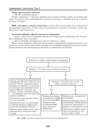Акушерство і гінекологія. Том 2

   Чисто прогестинові таблетки:
   — 750 мкг левоноргестрелу
   Режим вживання: 1 таблетка приймається якомога раніше, проте не пізніше ніж
через 72 години після незахищеного статевого контакту, і приймається ще 1 таблет
ка через 12 годин.

   ВМС, які мають у своєму складі мідь, можуть бути застосовані для невідкладної
контрацепції протягом 5 днів після незахищеного статевого контакту лише при
відсутності протипоказань.

   Усунення побічних ефектів (нудоти та блювання):
   — якщо у жінки було блювання протягом 2 годин після приймання їжі, їй нале
жить прийняти дозу повторно;
   — якщо блювання повторюється, ввести таблетки у піхву.
   Якщо жінка приймала таблетки невідкладної контрацепції на фоні вагітності, по
яснюють, що це немає шкідливого впливу на внутрішньоутробний розвиток плода.
Однак рішення про виношування вагітності залишається за жінкою.




                      Пацієнтка потребує невідкладної контрацепції




                       Минуло < 72 годин після статевого контакту


                      Так                                      Ні

 Дають 4 таблетки низькодозованих
 монофазних ОК або 1 таблетку, що                Минуло > 72 годин, але < 5 днів
 містить 750 мкг левоноргестрелу                   після статевого контакту
 негайно для прийому та додатково
 4 таблетки низькодозованих моно-
 фазних ОК або 1 таблетку, що                  Так                        Ні
 містить 750 мкг левоноргестрелу,
 — для прийому через 12 годин після
 першого прийому                      Проводиться оцінка     Невідкладна контрацепція
 Розповідають про можливі побічні     на прийнятність ВМС    не підходить
 дії та їх усунення                   (див. протокол ВМС)    Консультують про методи
 Інструктують про дії у разі появи    Направляється          контрацепції, ІПСШ, радять
 блювання протягом перших двох        на введення ВМС,       дочекатися менструації та
 годин після прийому таблеток         якщо цей метод         вибрати оптимальний метод
 Просять жінку прийти знову, якщо     прийнятний             Пропонують прийти знову,
 менструація не почнеться через                              якщо менструація не поч-
 3 тижні                                                     неться через 3 тижні

         Рис. Д.23. Алгоритм призначення невідкладної контрацепції



                                         338
 