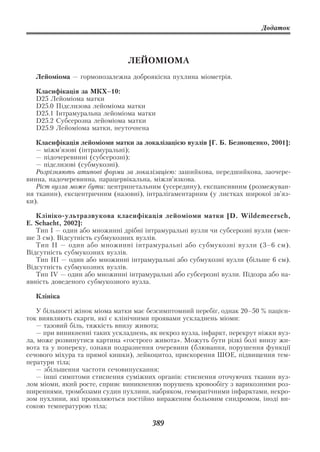 Додаток




                               ЛЕЙОМІОМА
   Лейоміома — гормонозалежна доброякісна пухлина міометрія.

   Класифікація за МКХ–10:
   D25 Лейоміома матки
   D25.0 Підслизова лейоміома матки
   D25.1 Інтрамуральна лейоміома матки
   D25.2 Субсерозна лейоміома матки
   D25.9 Лейоміома матки, неуточнена

   Класифікація лейоміоми матки за локалізацією вузлів [Г. Б. Безнощенко, 2001]:
   — міжм’язові (інтрамуральні);
   — підочеревинні (субсерозні);
   — підслизові (субмукозні).
   Розрізняють атипові форми за локалізацією: зашийкова, передшийкова, заочере
винна, надочеревинна, парацервікальна, міжзв’язкова.
   Ріст вузла може бути: центрипетальним (усередину), експансивним (розмежуван
ня тканин), ексцентричним (назовні), інтралігаментарним (у листках широкої зв’яз
ки).

   Клініко ультразвукова класифікація лейоміоми матки [D. Wildemeersch,
E. Schacht, 2002]:
   Тип I — один або множинні дрібні інтрамуральні вузли чи субсерозні вузли (мен
ше 3 см). Відсутність субмукозних вузлів.
   Тип II — один або множинні інтрамуральні або субмукозні вузли (3–6 см).
Відсутність субмукозних вузлів.
   Тип III — один або множинні інтрамуральні або субмукозні вузли (більше 6 см).
Відсутність субмукозних вузлів.
   Тип IV — один або множинні інтрамуральні або субсерозні вузли. Підозра або на
явність доведеного субмукозного вузла.

   Клініка

    У більшості жінок міома матки має безсимптомний перебіг, однак 20–50 % пацієн
ток виявляють скарги, які є клінічними проявами ускладнень міоми:
    — тазовий біль, тяжкість внизу живота;
    — при виникненні таких ускладнень, як некроз вузла, інфаркт, перекрут ніжки вуз
ла, може розвинутися картина «гострого живота». Можуть бути різкі болі внизу жи
вота та у попереку, ознаки подразнення очеревини (блювання, порушення функції
сечового міхура та прямої кишки), лейкоцитоз, прискорення ШОЕ, підвищення тем
ператури тіла;
    — збільшення частоти сечовипускання;
    — інші симптоми стиснення суміжних органів: стиснення оточуючих тканин вуз
лом міоми, який росте, сприяє виникненню порушень кровообігу з варикозними роз
ширеннями, тромбозами судин пухлини, набряком, геморагічними інфарктами, некро
зом пухлини, які проявляються постійно вираженим больовим синдромом, іноді ви
сокою температурою тіла;

                                       389
 