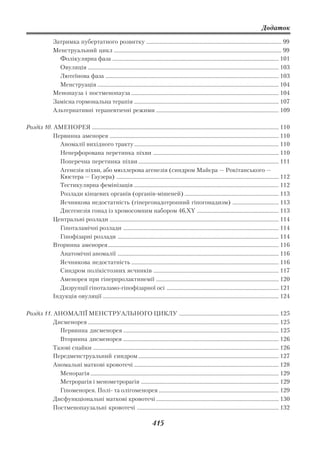 Додаток

                Затримка пубертатного розвитку ................................................................................................... 99
                Менструальний цикл ........................................................................................................................... 99
                  Фолікулярна фаза .......................................................................................................................... 101
                  Овуляція ............................................................................................................................................ 103
                  Лютеїнова фаза ............................................................................................................................... 103
                  Менструація ..................................................................................................................................... 104
                Менопауза і постменопауза ............................................................................................................ 104
                Замісна гормональна терапія .......................................................................................................... 107
                Альтернативні терапевтичні режими .......................................................................................... 109

Розділ 10. АМЕНОРЕЯ ......................................................................................................................................... 110
           Первинна аменорея ............................................................................................................................ 110
             Аномалії вихідного тракту .......................................................................................................... 110
             Неперфорована перетинка піхви ............................................................................................ 110
             Поперечна перетинка піхви ....................................................................................................... 111
             Агенезія піхви, або мюллерова агенезія (синдром Майєра — Рокітанського —
             Кюстера — Гаузера) ....................................................................................................................... 112
             Тестикулярна фемінізація .......................................................................................................... 112
             Розлади кінцевих органів (органів мішеней) ..................................................................... 113
             Яєчникова недостатність (гіпергонадотропний гіпогонадизм) .................................. 113
             Дисгенезія гонад із хромосомним набором 46,XY ............................................................ 113
           Центральні розлади ............................................................................................................................ 114
             Гіпоталамічні розлади .................................................................................................................. 114
             Гіпофізарні розлади ...................................................................................................................... 114
           Вторинна аменорея ............................................................................................................................. 116
             Анатомічні аномалії ...................................................................................................................... 116
             Яєчникова недостатність ............................................................................................................ 116
             Синдром полікістозних яєчників ............................................................................................ 117
             Аменорея при гіперпролактинемії .......................................................................................... 120
             Дизрупції гіпоталамо гіпофізарної осі .................................................................................. 121
           Індукція овуляції ................................................................................................................................. 124

Розділ 11. АНОМАЛІЇ МЕНСТРУАЛЬНОГО ЦИКЛУ ......................................................................... 125
           Дисменорея ............................................................................................................................................ 125
             Первинна дисменорея .................................................................................................................. 125
             Вторинна дисменорея .................................................................................................................. 126
           Тазові спайки ........................................................................................................................................ 126
           Передменструальний синдром ....................................................................................................... 127
           Аномальні маткові кровотечі .......................................................................................................... 128
             Менорагія .......................................................................................................................................... 129
             Метрорагія і менометрорагія ..................................................................................................... 129
             Гіпоменорея. Полі та олігоменорея ........................................................................................ 129
           Дисфункціональні маткові кровотечі .......................................................................................... 130
           Постменопаузальні кровотечі ........................................................................................................ 132

                                                                                 415
 