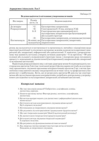 Акушерство і гінекологія. Том 2

                                                                             Таблиця 3.5
            Ведення пацієнток із кістозними утвореннями яєчників

   Вік хворих         Розмір                     Ведення пацієнток
                     кісти, см
 До менархе             >2     Експлоративна лапароскопія
 Репродуктивний         <6     Спостереження 6–8 тиж, контроль УЗД
                        6–8    Спостереження при однокамерній кісті,
                               експлоративна лапароскопія при багатокамерній
                               або солідній структурі
                       >8      Експлоративна лапароскопія, яєчникова цистектомія
 Постменопауза     Яєчники, що Експлоративна лапароскопія/лапаротомія,
                   пальпуються оваріоектомія

рення, що пальпуються в постменопаузі та пременопаузі, звичайно є підозрілими щодо
вірогідної малігнізації та підлягають активному веденню шляхом експлоративної лапа
роскопії або лапаротомії, оофоректомії або аднексектомії. У пацієнток у репродуктив
ному віці наявність кістозних утворень яєчників діаметром > 8 см протягом > 60 днів
солідної або складної ультразвукової структури також є підозрілим щодо пухлинного
процесу і є показанням до діагностичної (експлоративної) лапароскопії або лапаротомії
та яєчникової цистектомії.
   Пацієнткам репродуктивного віку з кістами діаметром менше 6 см рекомендують спо
стереження протягом 2 міс (час спонтанної регресії фолікулярних кіст) або як альтерна
тиву призначають лікування оральними контрацептивами протягом 2 міс з метою при
гнічення стимулюючого впливу гонадотропінів на яєчник і кісту та профілактики утво
рення кіст у майбутньому. Кісти, які не регресують протягом 60 днів під час спостере
ження або застосування оральних контрацептивів, потребують контрольного ультразву
кового дослідження та експлоративної лапароскопії, яєчникової цистектомії.


            Контрольні питання

        1. Що таке мюллерові аномалії? Ембріогенез, класифікація, клініка,
           діагностика, корекція.
        2. Поняття про міому матки. Фактори ризику, патогенез, класифікація,
           діагностика.
        3. Які методи використовують для діагностики і диференційної діагностики
           міоми матки?
        4. Які існують методи консервативного лікування міоми матки?
           Які їх переваги і недоліки?
        5. Які показання до оперативного лікування міоми матки?
        6. Що розуміють під консервативною і радикальною хірургією матки?
        7. Що таке гіперплазія ендометрія? Який її малігнізуючий потенціал?
        8. Як діагностувати гіперпластичні процеси ендометрія?
        9. Які існують методи лікування гіперплазії ендометрія?
           Їх переваги і недоліки.
       10. Що розуміють під функціональними кістами яєчників?
       11. Яка лікарська тактика використовується при кістах яєчників?
           Показання до оперативного лікування.

                                          40
 