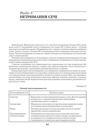 Акушерство і гінекологія. Том 2

            Розділ 8
            НЕТРИМАННЯ СЕЧІ




   Епідеміологія. Мимовільне виділення сечі є частим ускладненням: близько 50 % жінок
мали хоча б 1 випадковий епізод нетримання сечі; понад 20 % жінок віком > 75 років
відчувають ці проблеми щодня. Нетримання сечі є однією з основних причин поміщення
літніх людей у госпіси, і близько 30 % мешканців госпісів страждають від цього усклад
нення. Частота нетримання сечі зростає з віком і збільшується відповідно до ступеня про
лапсу тазових органів.
   Основні типи нетримання сечі включають стресове нетримання (нетримання сечі при
напруженні), імперативне (ургентне), повне нетримання і нетримання сечі при перепов
ненні сечового міхура (табл. 8.1).
   Стресове нетримання сечі характеризується виділенням сечі при напруженні або
фізичному навантаженні (кашель, чхання, сміх, фізичні вправи) і часто поєднується з
тазовими пролапсами і диспозицією уретровезикального з’єднання.
   Імперативне (ургентне) нетримання сечі, обумовлене підвищеною активністю детру
зорного м’яза (гіперактивністю детрузора), супроводжується мимовільним виділенням
сечі при раптовому неконтрольованому позиві на сечовипускання. Цей стан звичайно є
ідеопатичним, але може розвиватися внаслідок інфекції, наявності каменів у сечовому
міхурі, дивертикулів або неврологічних розладів (хвороба Альцгеймера, розсіяний скле
роз, інсульт тощо).

                                                                           Таблиця 8.1
            Основні типи нетримання сечі

 Тип нетримання сечі                          Клінічні ознаки

 Стресове               Виділення сечі при напруженні (кашель, сміх, фізичні вправи),
                        асоціюється з тазовими пролапсами і диспозицією
                        уретровезикального з’єднання
 Імперативне            Мимовільне виділення сечі при неконтрольованому позиві
                        до сечовипускання (гіперактивність детрузора)
 Повне                  Постійне витікання сечі внаслідок фістули після тазової
                        хірургії або тазового опромінення
 При переповненні       Нетримання сечі внаслідок недостатньої або відсутньої
 сечового міхура        контрактильної здатності сечового міхура, що призводить
                        до затримки сечі, перерозтягнення сечового міхура
                        і нетримання сечі внаслідок цього перерозтягнення

                                         80
 