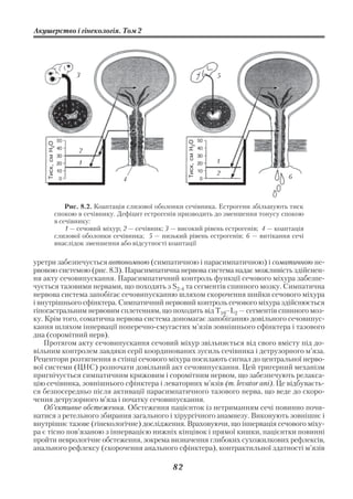 Акушерство і гінекологія. Том 2




                      3                                                   5




                                                          Тиск, см H2 O
    Тиск, см H2 O




                      2
                      1                                                   1
                                                                          2
                                     4                                                     6



                   Рис. 8.2. Коаптація слизової оболонки сечівника. Естрогени збільшують тиск
               спокою в сечівнику. Дефіцит естрогенів призводить до зменшення тонусу спокою
               в сечівнику:
                   1 — сечовий міхур; 2 — сечівник; 3 — високий рівень естрогенів; 4 — коаптація
               слизової оболонки сечівника; 5 — низький рівень естрогенів; 6 — витікання сечі
               внаслідок зменшення або відсутності коаптації

уретри забезпечується автономною (симпатичною і парасимпатичною) і соматичною не
рвовою системою (рис. 8.3). Парасимпатична нервова система надає можливість здійснен
ня акту сечовипускання. Парасимпатичний контроль функції сечового міхура забезпе
чується тазовими нервами, що походять з S2 4 та сегментів спинного мозку. Симпатична
нервова система запобігає сечовипусканню шляхом скорочення шийки сечового міхура
і внутрішнього сфінктера. Симпатичний нервовий контроль сечового міхура здійснюється
гіпогастральним нервовим сплетенням, що походить від Т10–L2 — сегментів спинного моз
ку. Крім того, соматична нервова система допомагає запобіганню довільного сечовипус
кання шляхом іннервації поперечно смугастих м’язів зовнішнього сфінктера і тазового
дна (соромітний нерв).
    Протягом акту сечовипускання сечовий міхур звільняється від свого вмісту під до
вільним контролем завдяки серії координованих зусиль сечівника і детрузорного м’яза.
Рецептори розтягнення в стінці сечового міхура посилають сигнал до центральної нерво
вої системи (ЦНС) розпочати довільний акт сечовипускання. Цей тригерний механізм
пригнічується симпатичним крижовим і соромітним нервом, що забезпечують релакса
цію сечівника, зовнішнього сфінктера і леваторних м’язів (m. levator ani). Це відбуваєть
ся безпосередньо після активації парасимпатичного тазового нерва, що веде до скоро
чення детрузорного м’яза і початку сечовипускання.
    Об’єктивне обстеження. Обстеження пацієнток із нетриманням сечі повинно почи
натися з ретельного збирання загального і хірургічного анамнезу. Виконують зовнішнє і
внутрішнє тазове (гінекологічне) дослідження. Враховуючи, що іннервація сечового міху
ра є тісно пов’язаною з іннервацією нижніх кінцівок і прямої кишки, пацієнтки повинні
пройти неврологічне обстеження, зокрема визначення глибоких сухожилкових рефлексів,
анального рефлексу (скорочення анального сфінктера), контрактильної здатності м’язів

                                                     82
 