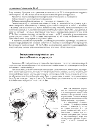 Акушерство і гінекологія. Том 2

6 му випадку. При рецидиві стресового нетримання сечі 50 % жінок успішно оперують
ся повторно, а ще 20 % мають шанс вилікуватися після третього втручання.
   Хірургічне лікування стресового нетримання сечі показано за таких умов:
   1) безуспішність консервативного лікування;
   2) бажання хворої вилікуватися від стресового нетримання сечі.
   Основні операції, які виконуються при стресовому нетриманні сечі, включають перед
ню кольпорафію, абдомінальну залобкову уретропексію (операція Marshall — Marchetti
— Krantz), кольпосуспензію за Burch, паравагінальну пластику, лапароскопічну кольпо
суспензію, вагінальні голчасті кольпосуспензії (Pereyra, Stamey, Raz, Gittes), субуретральні
слінгові операції — петльові пластики, в тому числі з використанням синтетичної петлі
ТVT.Ефективність слінгових операцій є високою — до 90 % випадків; це малоінвазивна
процедура, яка триває 10–20 хв, може виконуватися під місцевим знеболюванням і на
буває все більшої популярності за сучасних умов.
   У пацієнток, що мають внутрішню (тканинну) недостатність сфінктера, можливо ви
конання періуретральних ін’єкцій колагену або інших об’ємостворюючих препаратів.
Ефективність такої операції — 45–65 %. При неефективності антистресових операцій або
неврологічним хворим можливо встановлення штучного сфінктера уретри.


             Імперативне нетримання сечі
             (нестабільність детрузора)

    Патогенез. Нестабільність детрузора, або імперативне (ургентне) нетримання сечі,
спричинюється мимовільними і нестриманими скороченнями детрузора протягом фази
наповнення сечового міхура.
    Більшість випадків нестабільності детрузора є ідеопатичними. Факторами, що спри
яють цьому ускладненню, можуть бути інфекції сечових шляхів, камені, пухлини, або
сторонні тіла сечового міхура, дивертикули уретри (рис. 8.6). Гіперактивність детрузо
ра, або детрузорна гіперрефлексія, може бути ускладненням неврологічних захворювань
(цереброваскулярних (інсульт), хвороби Альцгеймера, розсіяного склерозу, периферич
ної діабетичної нейропатії та ін. (табл. 8.5)).


             8
                                                                Рис. 8.6. Причини вторин
                                                            ної нестабільності детрузора.
                                                            Численні причини можуть спри
                                                            чинювати подразнення рецеп
                                                            торів стінки сечового міхура,
2                                                           рефлекторне мимовільне скоро
                               3
                                                            чення детрузора і втрату сечі:
                        4                                       1 — дивертикул сечівника
                                                            з каменем; 2 — камені сечового
                                        6                   міхура; 3 — інфекція; 4 — пухли
                                                            на сечового міхура; 5 — сто
                                                            роннє тіло сечового міхура; 6 —
 1               5                                          стиснення сечівника при пет
                                                          7 льових пластиках (при сильно
                                                            му натягненні петлі) може при
                                                            зводити до нестабільності детру
                                                            зора; 7 — піхва; 8 — спинний мо
                                                            зок
                                            88
 