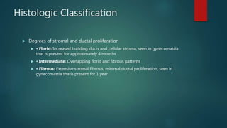 Histologic Classification
 Degrees of stromal and ductal proliferation
 • Florid: Increased budding ducts and cellular stroma; seen in gynecomastia
that is present for approximately 4 months
 • Intermediate: Overlapping florid and fibrous patterns
 • Fibrous: Extensive stromal fibrosis, minimal ductal proliferation; seen in
gynecomastia thatis present for 1 year
 