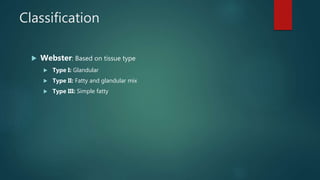 Classification
 Webster: Based on tissue type
 Type I: Glandular
 Type II: Fatty and glandular mix
 Type III: Simple fatty
 