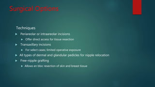 Surgical Options
Techniques
 Periareolar or intraareolar incisions
 Offer direct access for tissue resection
 Transaxillary incisions
 For select cases; limited operative exposure
 All types of dermal and glandular pedicles for nipple relocation
 Free-nipple grafting
 Allows en bloc resection of skin and breast tissue
 