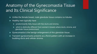 Anatomy of the Gynecomastia Tissue
and Its Clinical Significance
 Unlike the female breast, male glandular tissue contains no lobules.
 Healthy men typically have
 predominantly fatty tissue with few ducts and stroma,
 which is distinctly different from women’s breasts where ducts, stroma, and
glandular tissue predominant
 Gynecomastia is the benign enlargement of this glandular tissue.
 Transient gynecomastia presents as a florid pattern with an increase in
budding ducts and cellular stroma.
 