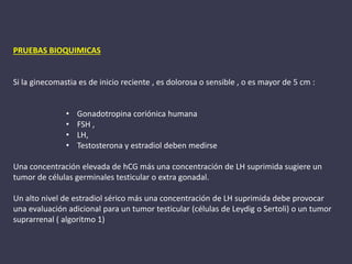 PRUEBAS BIOQUIMICAS
Si la ginecomastia es de inicio reciente , es dolorosa o sensible , o es mayor de 5 cm :
• Gonadotropina coriónica humana
• FSH ,
• LH,
• Testosterona y estradiol deben medirse
Una concentración elevada de hCG más una concentración de LH suprimida sugiere un
tumor de células germinales testicular o extra gonadal.
Un alto nivel de estradiol sérico más una concentración de LH suprimida debe provocar
una evaluación adicional para un tumor testicular (células de Leydig o Sertoli) o un tumor
suprarrenal ( algoritmo 1)
 