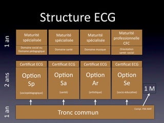 Structure ECG
            Maturité                                                Maturité
                                 Maturité        Maturité
                                                                 professionnelle
1 an



           spécialisée          spécialisée     spécialisée
                                                                      CFC
         Domaine social ou
                               Domaine santé   Domaine musique      Orienta/on 
        Domaine pédagogique
                                                                    santé‐ social



         Cer/ﬁcat ECG         Cer/ﬁcat ECG     Cer/ﬁcat ECG       Cer/ﬁcat ECG

          Op/on                Op/on            Op/on              Op/on
2 ans




           Sp                    Sa               Ar                Se
         (sociopédagogique)       (santé)         (ar/s/que)      (socio‐éduca/ve)
                                                                                           1 M
1 an




                                                                                    Compl. FRA MAT
                                 Tronc commun
 