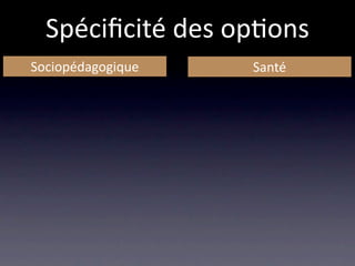 Spéciﬁcité des op/ons
Sociopédagogique   Santé
 