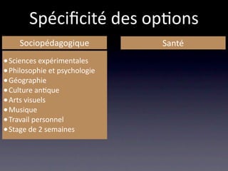 Spéciﬁcité des op/ons
     Sociopédagogique          Santé
• Sciences expérimentales
• Philosophie et psychologie
• Géographie
• Culture an/que
• Arts visuels
• Musique
• Travail personnel
• Stage de 2 semaines
 