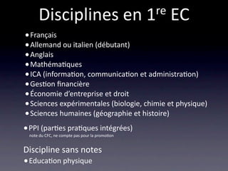 Disciplines en 1 re EC
    • Français
    • Allemand ou italien (débutant)
    • Anglais
    • Mathéma/ques
    • ICA (informa/on, communica/on et administra/on)
    • Ges/on ﬁnancière
    • Économie d’entreprise et droit
    • Sciences expérimentales (biologie, chimie et physique)
    • Sciences humaines (géographie et histoire)
    • PPI (par/es pra/ques intégrées) 

    note du CFC, ne compte pas pour la promo/on


    Discipline sans notes
    • Educa/on physique
 