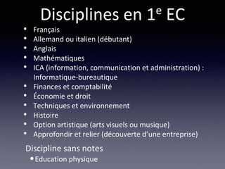 Disciplines en 1e EC
Discipline sans notes
•Education physique
• Français
• Allemand ou italien (débutant)
• Anglais
• Mathématiques
• ICA (information, communication et administration) :
Informatique-bureautique
• Finances et comptabilité
• Économie et droit
• Techniques et environnement
• Histoire
• Option artistique (arts visuels ou musique)
• Approfondir et relier (découverte d’une entreprise)
 