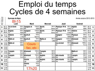 Emploi du temps
Cycles de 4 semaines
8h15
Cours
fac, etc
17h20
 