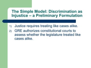 The Simple Model: Discrimination as Injustice – a Preliminary Formulation Justice requires treating like cases alike. GRE authorizes constitutional courts to assess whether the legislature treated like cases alike. 