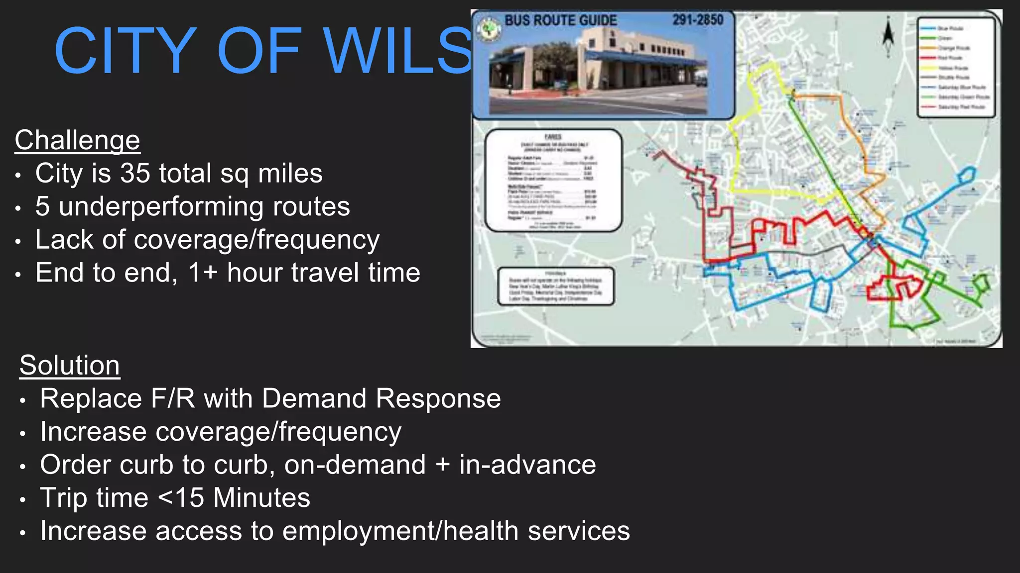 CITY OF WILSON
Challenge
• City is 35 total sq miles
• 5 underperforming routes
• Lack of coverage/frequency
• End to end, 1+ hour travel time
Solution
• Replace F/R with Demand Response
• Increase coverage/frequency
• Order curb to curb, on-demand + in-advance
• Trip time <15 Minutes
• Increase access to employment/health services
 