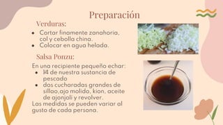 Preparación
Verduras:
● Cortar finamente zanahoria,
col y cebolla china.
● Colocar en agua helada.
Salsa Ponzu:
En una recipiente pequeño echar:
● 1⁄4 de nuestra sustancia de
pescado
● dos cucharadas grandes de
sillao,ajo molido, kion, aceite
de ajonjolí y revolver.
Las medidas se pueden variar al
gusto de cada persona.
 