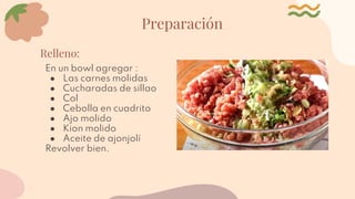 Preparación
Relleno:
En un bowl agregar :
● Las carnes molidas
● Cucharadas de sillao
● Col
● Cebolla en cuadrito
● Ajo molido
● Kion molido
● Aceite de ajonjolí
Revolver bien.
 
