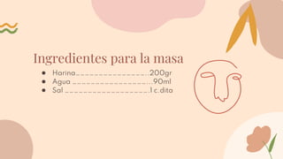 Ingredientes para la masa
● Harina………………………………………..200gr
● Agua …………………………………………...90ml
● Sal ……………………………………………….1 c.dita
 