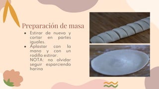 ● Estirar de nuevo y
cortar en partes
iguales.
● Aplastar con la
mano y con un
rodillo estirar.
NOTA: no olvidar
seguir esparciendo
harina
Preparación de masa
 