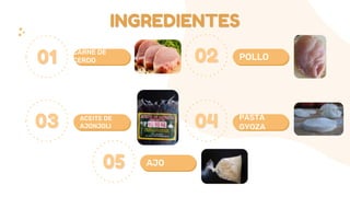 CARNE DE
CERDO POLLO
ACEITE DE
AJONJOLI
PASTA
GYOZA
INGREDIENTES
01
03
02
04
AJO05
 