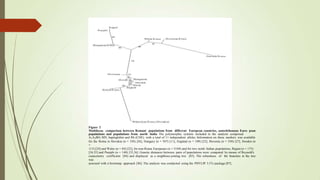 Figure 2
Multilocus comparison between Romani populations from different European countries, autochthonous Euro- pean
populations and populations from north India The polymorphic systems included in the analysis comprised
A1A2BO, MN, haptoglobin and Rh (CDE), with a total of 11 independent alleles. Information on these markers was available
for the Roma in Slovakia (n = 350) [26], Hungary (n = 507) [11], England (n = 109) [23], Slovenia (n = 350) [27], Sweden (n
=
115) [24] and Wales (n = 84) [22], for non-Roma Europeans (n = 5169) and for two north Indian populations, Rajput (n = 175)
[34,35] and Punjabi (n = 140) [35,36]. Genetic distances between pairs of populations were computed by means of Reynold's
coancenstry coefficient [84] and displayed as a neighbour-joining tree [85]. The robustness of the branches in the tree
was
assessed with a bootstrap approach [86]. The analysis was conducted using the PHYLIP 3.57c package [87].
 