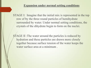 Expansion under normal setting conditions
STAGE I: Imagine that the initial mix is represented in the top
row of by the three round particles of hemihydrate
surrounded by water. Under normal setting conditions, the
crystals of the dihydrate begin to form on the nuclei.
STAGE II :The water around the particles is reduced by
hydration and these particles are drawn more closely
together because surface tension of the water keeps the
water surface area at a minimum .
 