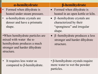 α-hemihydrate β-hemihydrate
• Formed when dihydrate is
heated under steam pressure.
 Formed when dihydrate is
heated in an open kettle or kiln.
• α-hemihydrate crystals are
denser and have a prismatic
shape.
 β -hemihydrate crystals are
characterized by their
“sponginess” and irregular
shape.
•When hemihydrate particles are
mixed with water the α-
hemihydrate produces a much
stronger and harder dihydrate
structure.
 β -hemihydrate produces a less
stronger and harder dihydrate
structure.
• It requires less water as
compared to β-hemihydrate.
• β-hemihydrate crystals require
more water to wet the powder
particles.
 
