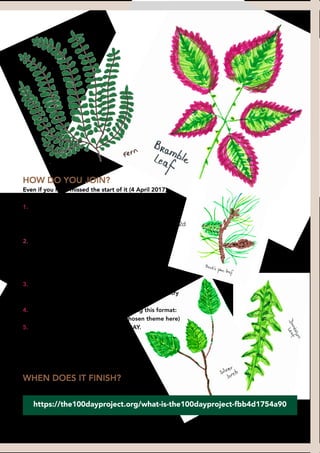 7
HOW DO YOU JOIN?
Even if you have missed the start of it (4 April 2017)
you can still join by doing a few things:
1. Sign up for their newsletter here:
http://the100dayproject.us15.list-manage.com/
subscribe?u=451503ae9e962553862c61156&id=e87075ea2d
By joining the mailing list you will get weekly prompts
2. Follow them on Instagram
@elleluna
https://www.instagram.com/elleluna/
@lindsayjeanthomson
https://www.instagram.com/lindsayjeanthomson/
3. Decide on your original theme or ACTION –
it can be anything: yoga, animal painting, writing poetry
Mine is sketching British leaves.
4. Then create your own hashtag following this format:
#100daysof______________ (put your chosen theme here)
5. Post an image of your work EVERY DAY.
Don’t forget to use the hashtags:
#The100dayproject
#100dayproject
#100daysof––––––––––––
WHEN DOES IT FINISH?
12 July 2017
https://the100dayproject.org/what-is-the100dayproject-fbb4d1754a90
 