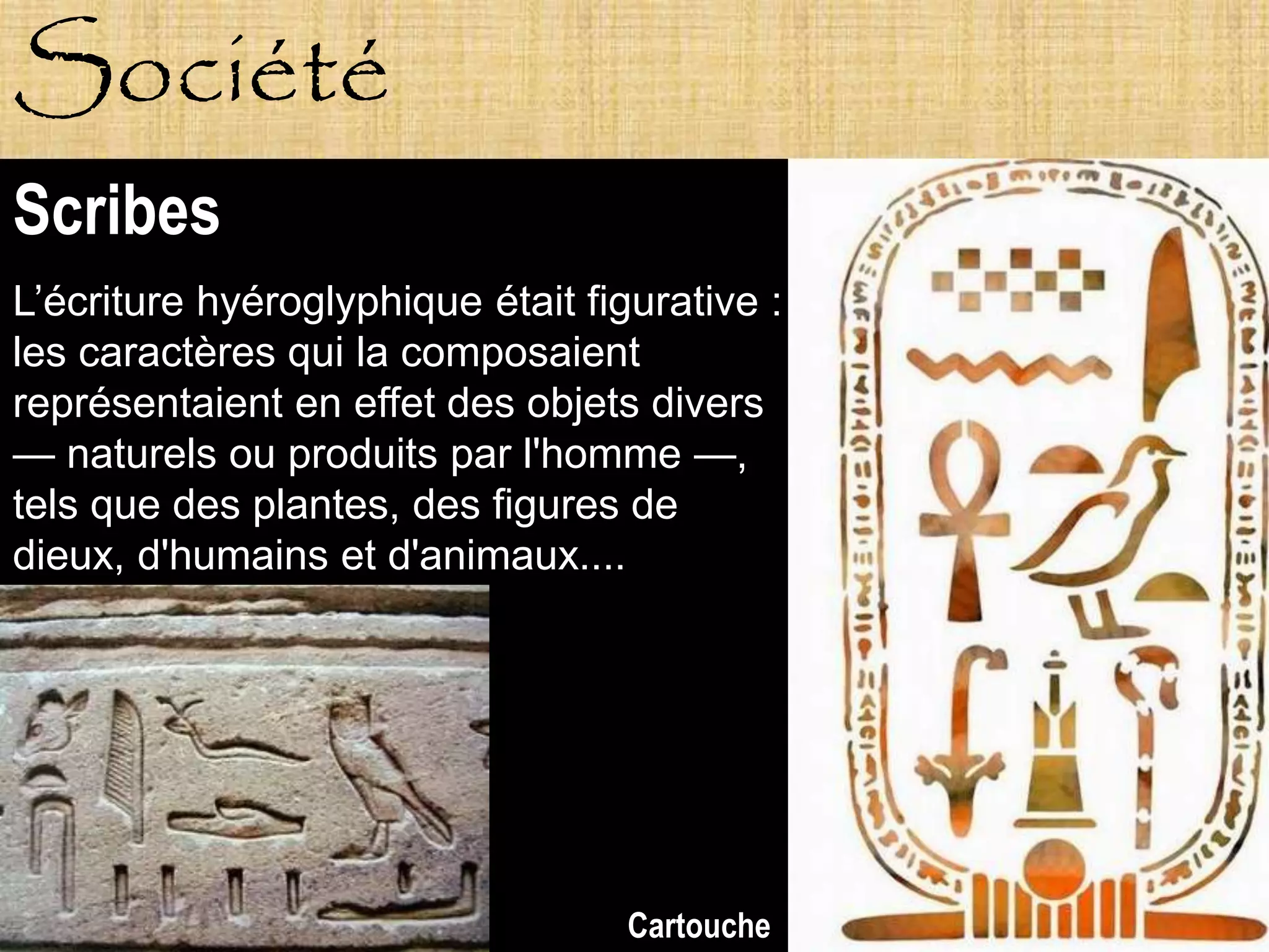 Société
Scribes
L’écriture hyéroglyphique était figurative :
les caractères qui la composaient
représentaient en effet des objets divers
— naturels ou produits par l'homme —,
tels que des plantes, des figures de
dieux, d'humains et d'animaux....




                                   Cartouche
 