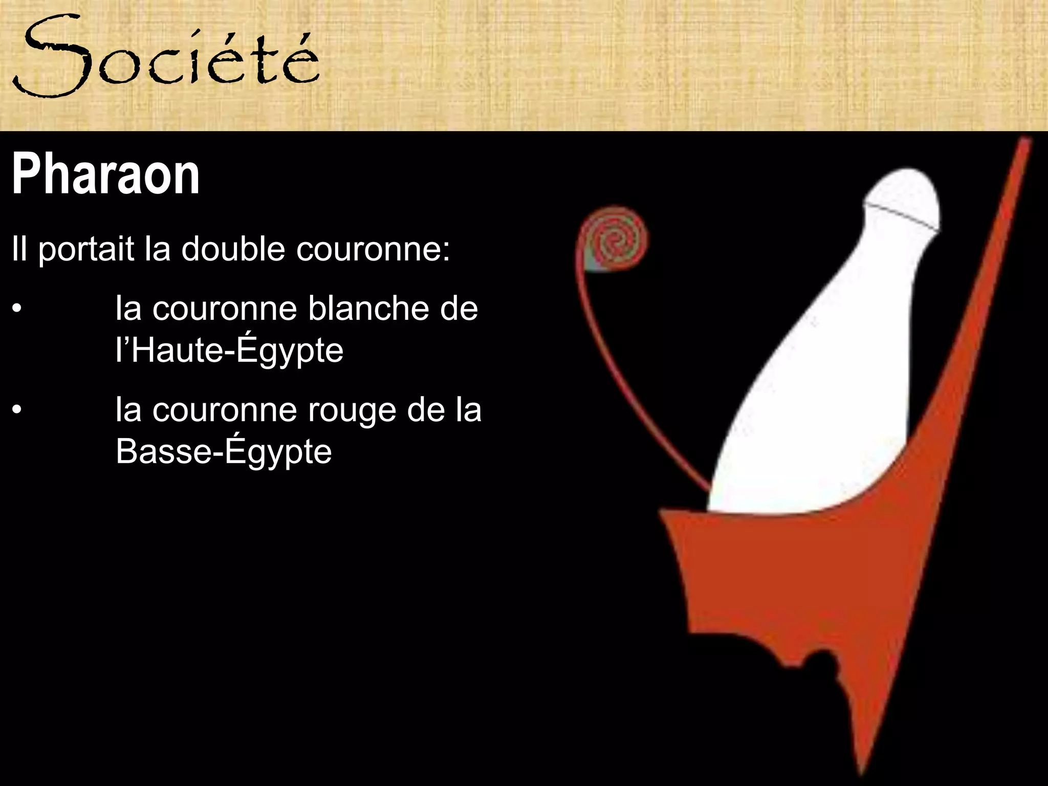 Société
Pharaon
Il portait la double couronne:
•      la couronne blanche de
       l’Haute-Égypte
•      la couronne rouge de la
       Basse-Égypte



            Pagne
 
