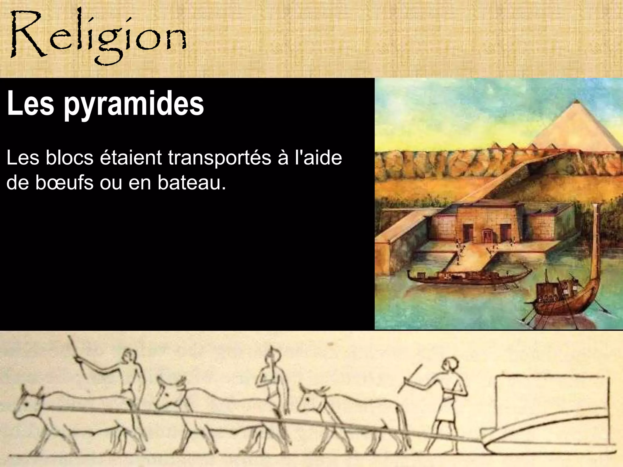 Religion
Les pyramides
Les blocs étaient transportés à l'aide
de bœufs ou en bateau.




            Pagne
 
