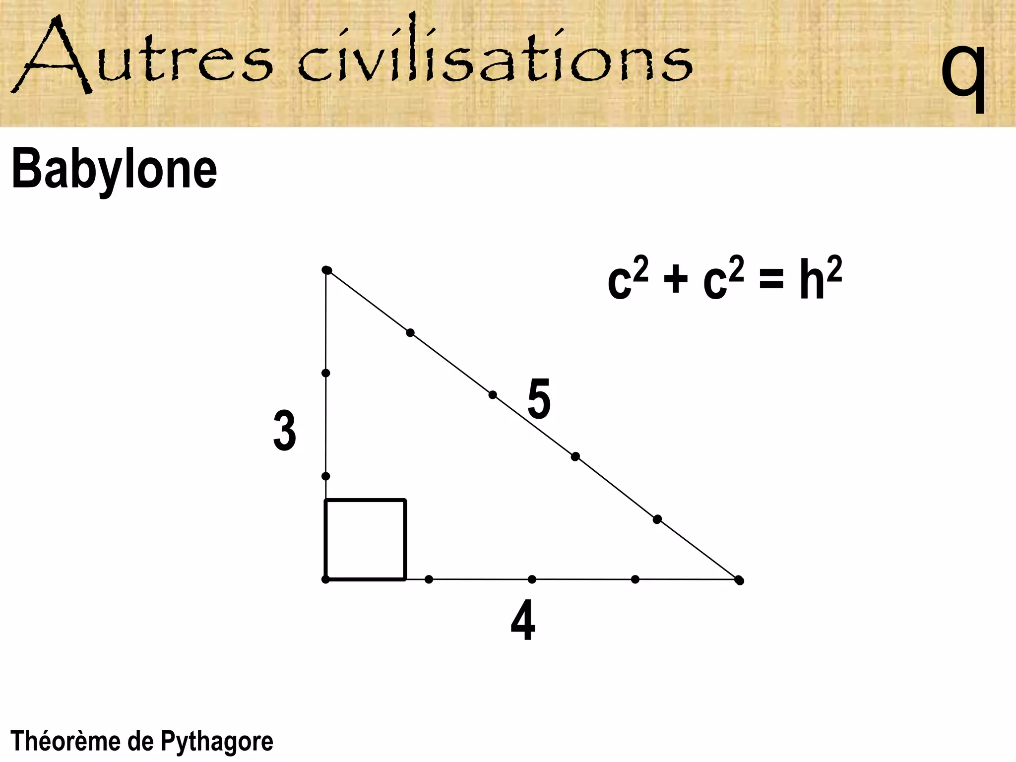 Autres civilisations                       q
Babylone
                            c2 + c2 = h2

                        5
                    3


                        4
Théorème de Pythagore
 