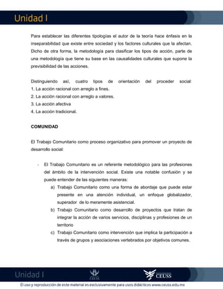 I
I
Para establecer las diferentes tipologías el autor de la teoría hace énfasis en la
inseparabilidad que existe entre sociedad y los factores culturales que la afectan.
Dicho de otra forma, la metodología para clasificar los tipos de acción, parte de
una metodología que tiene su base en las causalidades culturales que supone la
previsibilidad de las acciones.
Distinguiendo así, cuatro tipos de orientación del proceder social:
1. La acción racional con arreglo a fines.
2. La acción racional con arreglo a valores.
3. La acción afectiva
4. La acción tradicional.
COMUNIDAD
El Trabajo Comunitario como proceso organizativo para promover un proyecto de
desarrollo social:
- El Trabajo Comunitario es un referente metodológico para las profesiones
del ámbito de la intervención social. Existe una notable confusión y se
puede entender de las siguientes maneras:
a) Trabajo Comunitario como una forma de abordaje que puede estar
presente en una atención individual, un enfoque globalizador,
superador de lo meramente asistencial.
b) Trabajo Comunitario como desarrollo de proyectos que tratan de
integrar la acción de varios servicios, disciplinas y profesiones de un
territorio
c) Trabajo Comunitario como intervención que implica la participación a
través de grupos y asociaciones vertebrados por objetivos comunes.
 